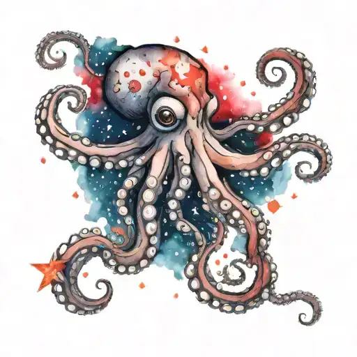 octopus, watercolour night sky with red stars  tattoo design idea