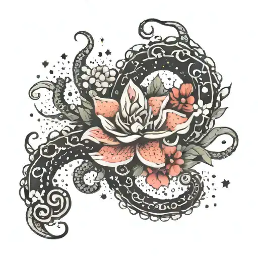 tentacles wrapping around arm, night sky with stars,  flowers tattoo design idea