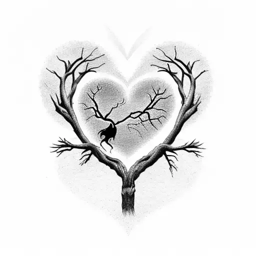 Dead tree with roots forming a heart and a butterfly perched on one of its branches. The drawing is all in black and whi tattoo design idea