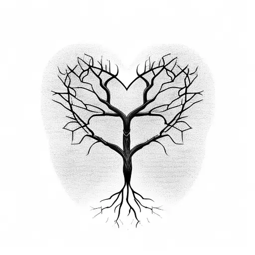 Dead tree with roots forming a heart and a butterfly perched on one of its branches. The drawing is all in black and whi tattoo design idea