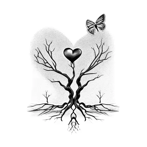 Dead tree with roots forming a heart and a butterfly perched on one of its branches. The drawing is all in black and whi tattoo design idea