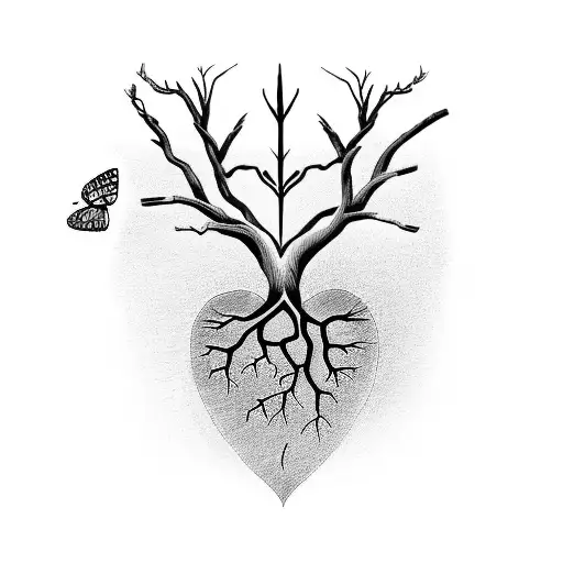 Dead tree with roots forming a heart and a butterfly perched on one of its branches. The drawing is all in black and whi tattoo design idea