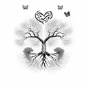 Dead tree with roots forming a heart and a butterfly perched on one of its branches. The drawing is all in black and whi tattoo design idea