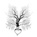 Dead tree with roots forming a heart and a butterfly perched on one of its branches. The drawing is all in black and whi tattoo design idea