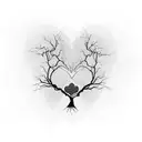 Dead tree with roots forming a heart and a butterfly perched on one of its branches. The drawing is all in black and whi tattoo design idea
