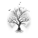 Dead tree with roots forming a heart and a butterfly perched on one of its branches. The drawing is all in black and whi tattoo design idea