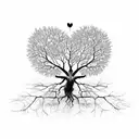 Dead tree with roots forming a heart and a butterfly perched on one of its branches. The drawing is all in black and whi tattoo design idea