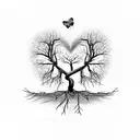 Dead tree with roots forming a heart and a butterfly perched on one of its branches. The drawing is all in black and whi tattoo design idea