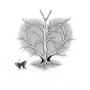 Dead tree with roots forming a heart and a butterfly perched on one of its branches. The drawing is all in black and whi tattoo design idea