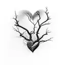 Dead tree with roots forming a heart and a butterfly perched on one of its branches. The drawing is all in black and whi tattoo design idea