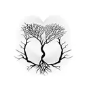 Dead tree with roots forming a heart and a butterfly perched on one of its branches. The drawing is all in black and whi tattoo design idea