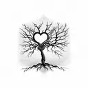 Dead tree with roots forming a heart and a butterfly perched on one of its branches. The drawing is all in black and whi tattoo design idea