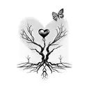 Dead tree with roots forming a heart and a butterfly perched on one of its branches. The drawing is all in black and whi tattoo design idea