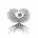 Dead tree with roots forming a heart and a butterfly perched on one of its branches. The drawing is all in black and whi tattoo design idea