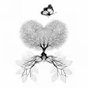 Dead tree with roots forming a heart and a butterfly perched on one of its branches. The drawing is all in black and whi tattoo design idea