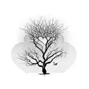 Dead tree with roots forming a heart and a butterfly perched on one of its branches. The drawing is all in black and whi tattoo design idea
