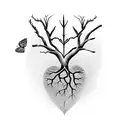 Dead tree with roots forming a heart and a butterfly perched on one of its branches. The drawing is all in black and whi tattoo design idea