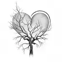 Dead tree with roots forming a heart and a butterfly perched on one of its branches. The drawing is all in black and whi tattoo design idea