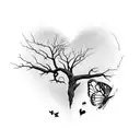 Dead tree with roots forming a heart and a butterfly perched on one of its branches. The drawing is all in black and whi tattoo design idea