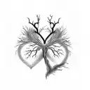 Dead tree with roots forming a heart and a butterfly perched on one of its branches. The drawing is all in black and whi tattoo design idea
