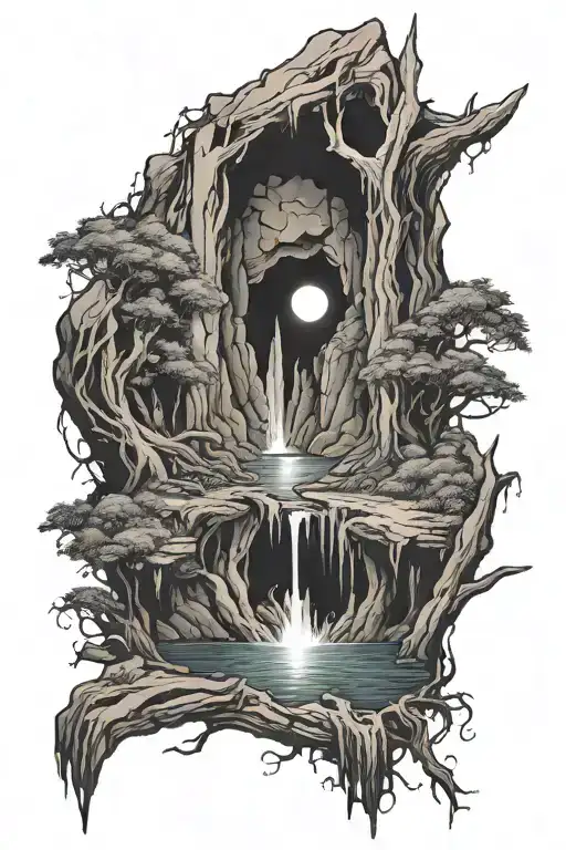 trident at the a cave surrounded by a cavernous river bathed in moonlight  tattoo design idea