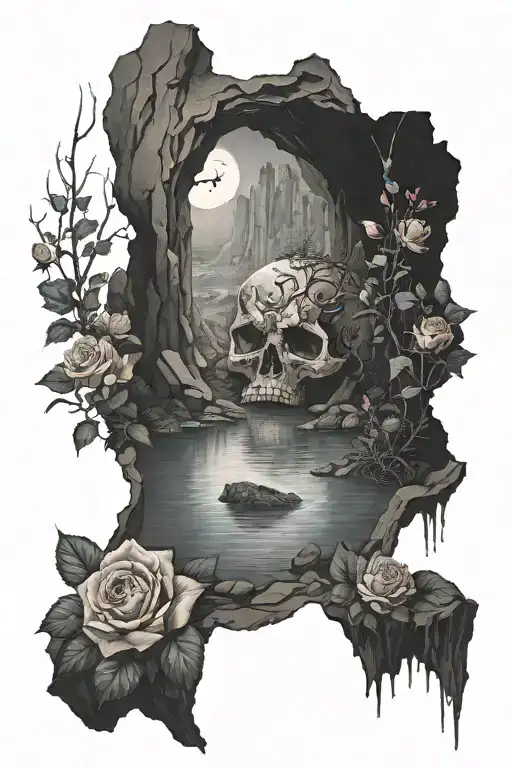 trident on a bed of roses at the entrance to a cave surrounded by a cavernous river bathed in moonlight  tattoo design idea