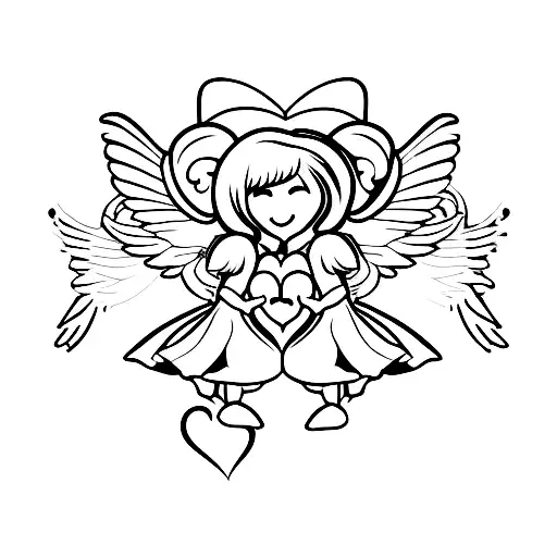 3 small angels holding heart tattoo design idea