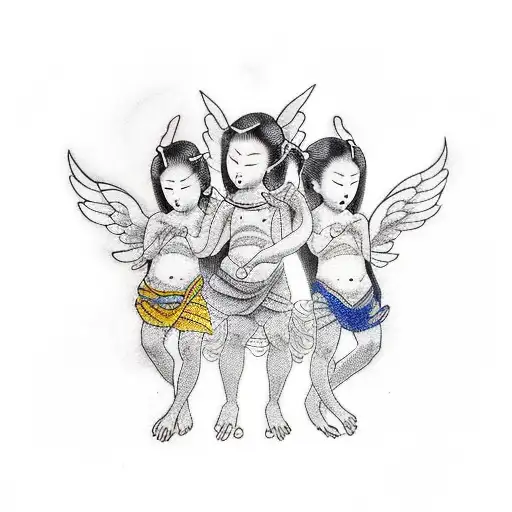 3 small angels holding heart tattoo design idea