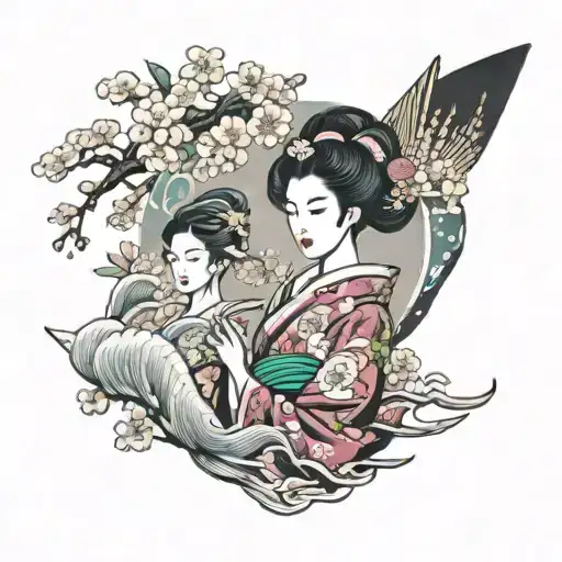 large scale sleeve of Japanese geisha with cherry blossoms, koi  tattoo design idea