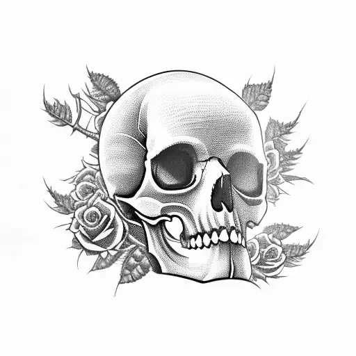 A skull with Eddie's iconic haircut and a guitar neck as crossbones, surrounded by roses and thorns tattoo design idea