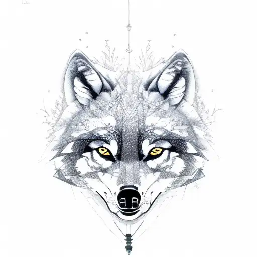 A library nestled in the midst of a dense forest, with wolves and ravens guarding the entrance tattoo design idea