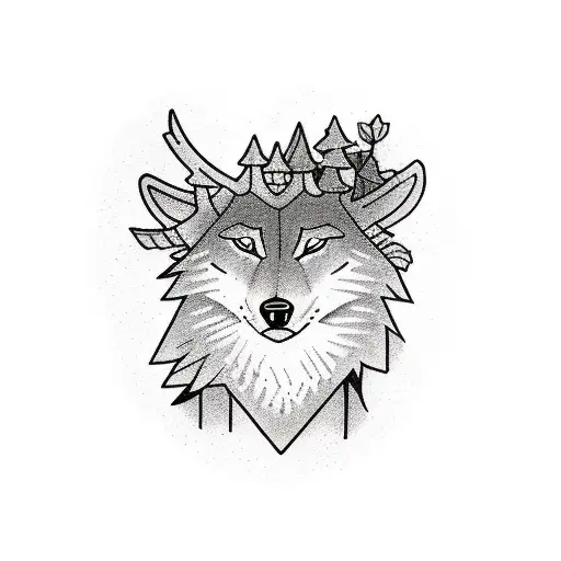 a stack of books in a forest protected by a wolf and a raven tattoo design idea