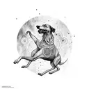 shape of a running greyhound surrounded by Mayan symbols and hieroglyphics tattoo design idea
