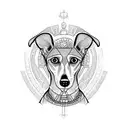 A greyhound surrounded by Mayan symbols and hieroglyphics tattoo design idea