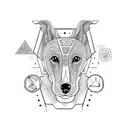A greyhound surrounded by Mayan symbols and hieroglyphics tattoo design idea