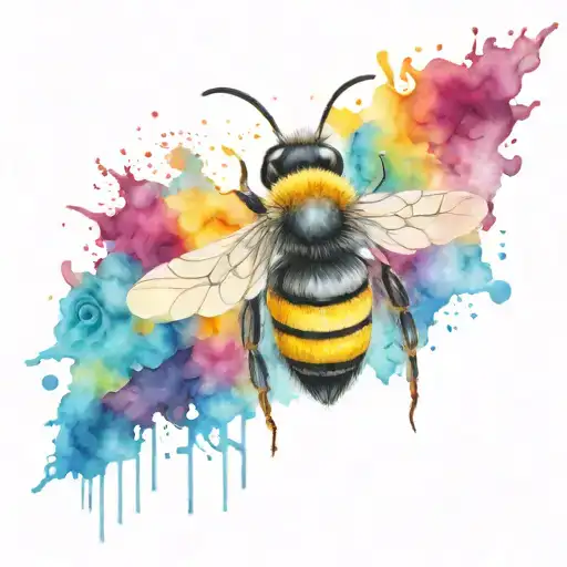 An intricate design of a worker bee surrounded by colorful yarn and paint splatters tattoo design idea
