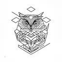 A geometric owl design perched on a mountain peak, with a rose growing from its chest tattoo design idea