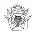 A geometric owl design perched on a mountain peak, with a rose growing from its chest tattoo design idea