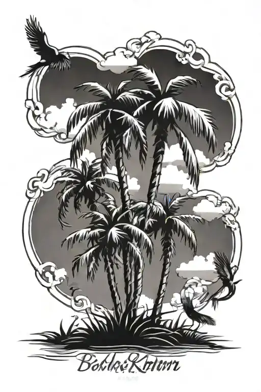 Palm tree with clouds and Some birds and with the date of birth of my mother and sister tattoo design idea