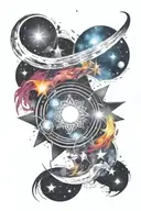 Universe tattoo with a background resembling brush strokes and colorful stars tattoo design idea