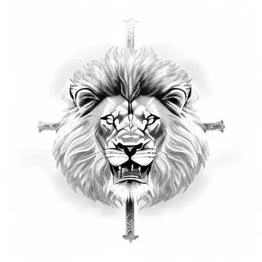 catholic cross lion tattoo design idea