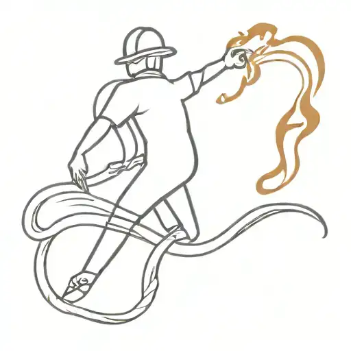 1 line tattoo very minimalist where a silhouette of a flame turns into a fire hose where a fireman is putting out the fl tattoo design idea