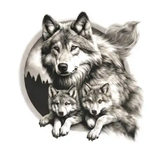 Wolf and his Wolf babies tattoo design idea