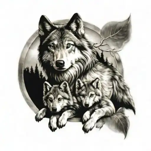 Wolf and his Wolf babies tattoo design idea