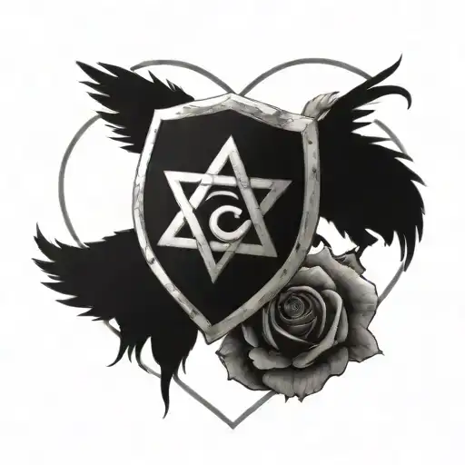 David's star (Star of David), a Crown, a rose in a shape of heart hearta shield, a daisy flower a phoenix, a wolf, a oli tattoo design idea