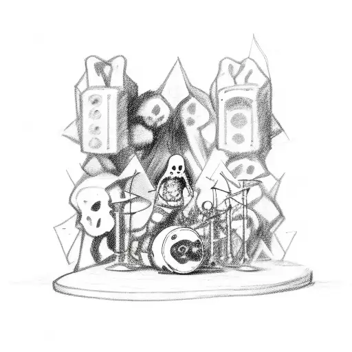 A child-like sketch of a hardcore band performing on a stage made of skulls tattoo design idea