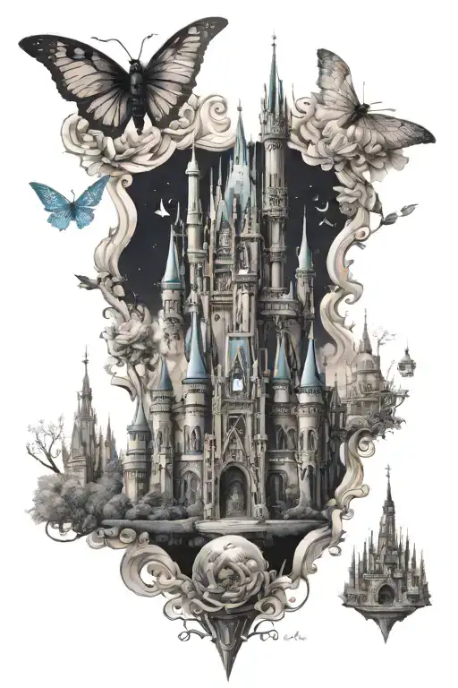 one tattoo with the following, an Oscar, Matilda by Roald Dahl, spider man and cinderella castle, disney tattoo design idea