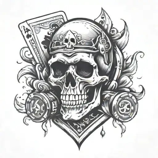 casino theme, skull, ace of spades with 3D skull coming through, smoke, casino chips, slots tattoo design idea