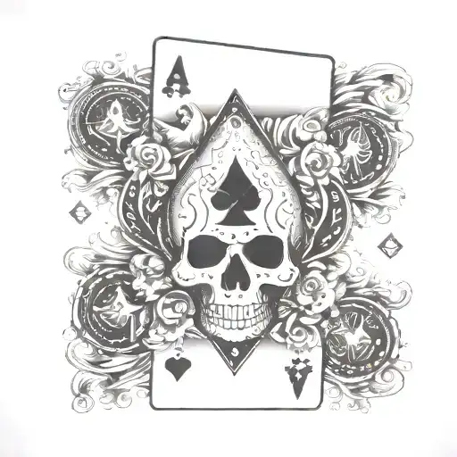 a tatto in black & white of an Ace of Spades where a skull is coming out with some smoke, with 4 cards front, pokerchips tattoo design idea