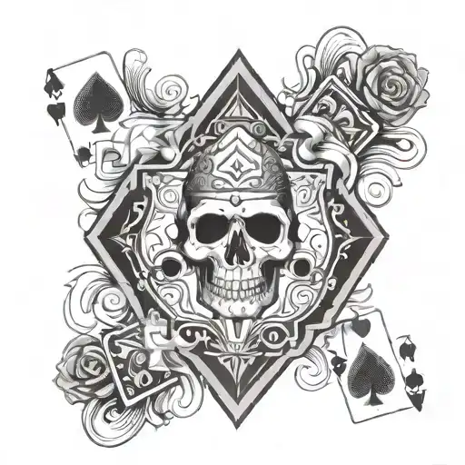 a tatto in black & white of an Ace of Spades where a skull is coming out with some smoke, with 4 cards front, pokerchips tattoo design idea